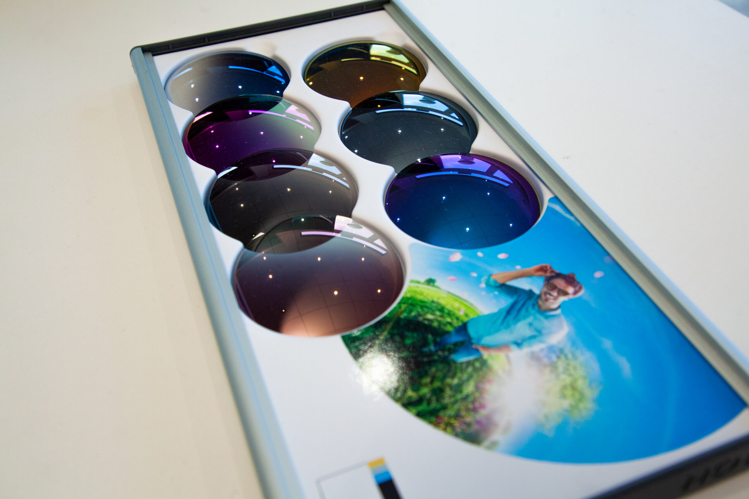 variety of colourful lenses displayed in Newcastle optician's clinic